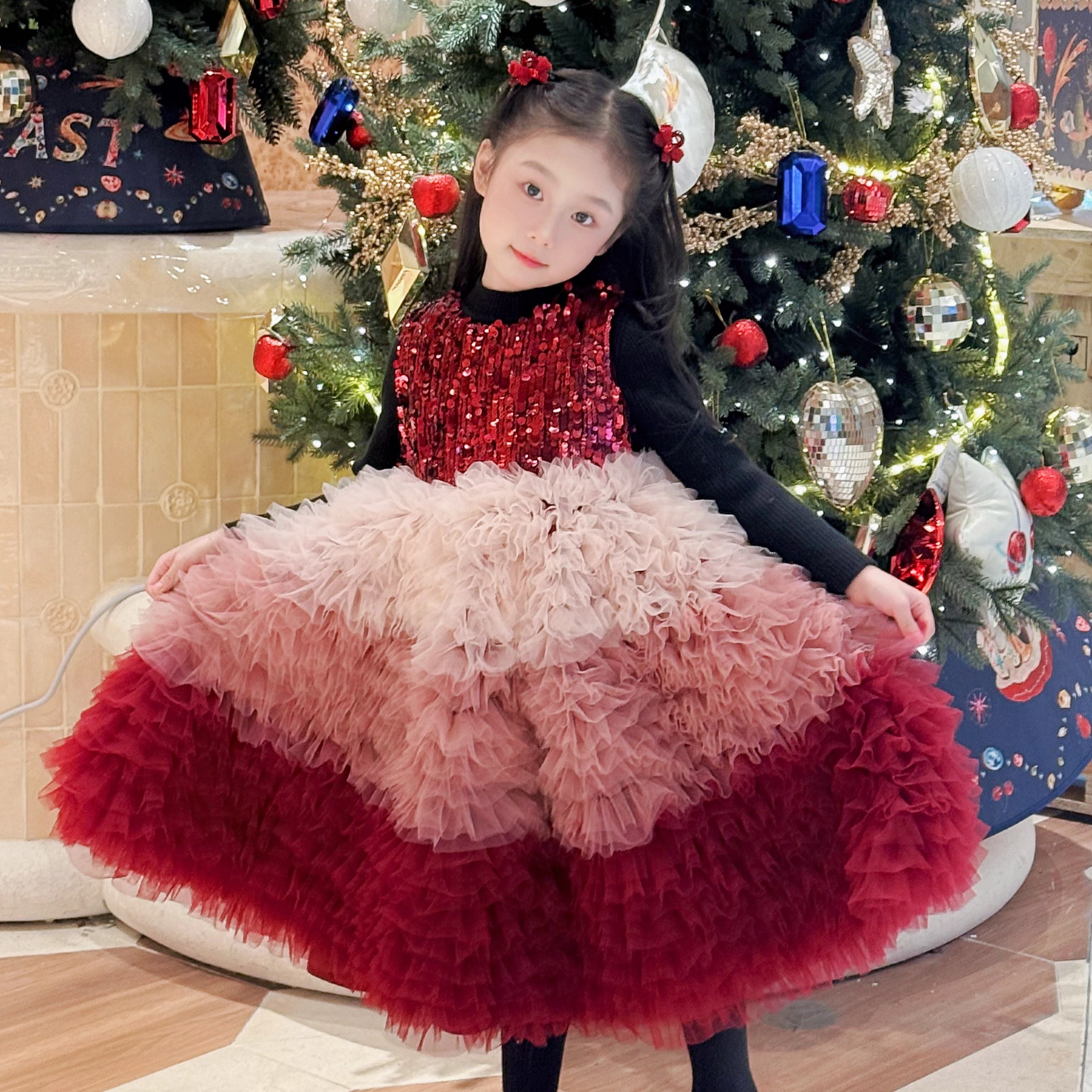 女童红色亮片网纱蛋糕公主裙