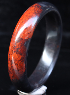 天然玉石桂林鸡血玉石手镯乾坤料黑底红58*15*8mm 53g有微瑕