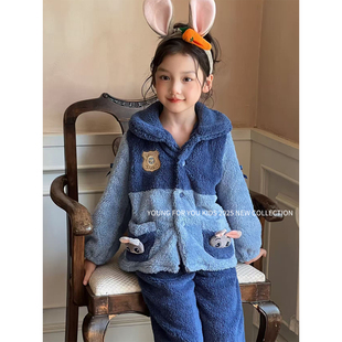 YFY秋冬女童朱迪睡衣套装兔子法兰绒珊瑚绒加厚保暖家居服长袖
