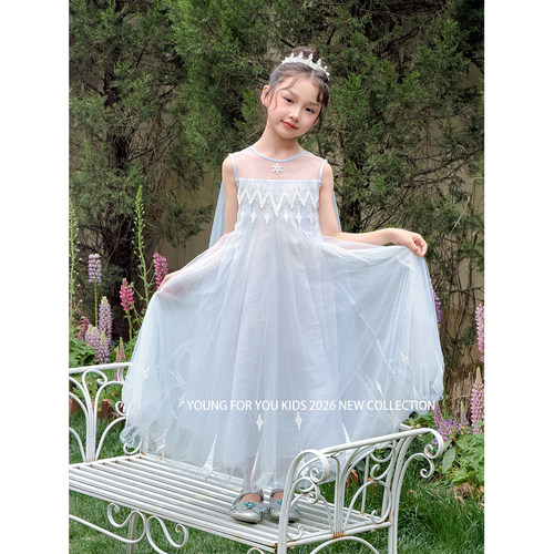 YFY夏季女童蓝色艾莎公主裙网纱连衣裙重工刺绣蓬蓬裙梦幻长裙
