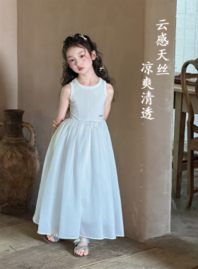 YFY女童夏法式无袖白色背心连衣裙桑蚕天丝气质收腰长款小白裙