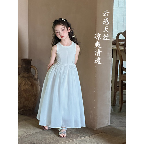 YFY女童夏法式无袖白色背心连衣裙桑蚕天丝气质收腰长款白裙度假