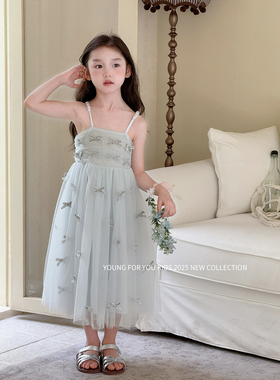 YFY夏季女童蓝色蝴蝶结吊带裙连衣裙韩风甜美度假风网纱仙女裙