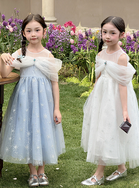 YFY春夏女童艾莎公主露肩雪花连衣裙公主裙仙女裙冰雪奇缘白色