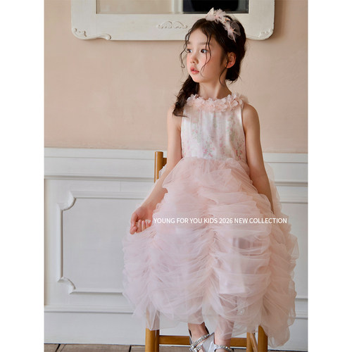 YFY夏季女童花瓣领蓬蓬裙公主裙连衣裙吊带粉色裙子碎花蛋糕裙