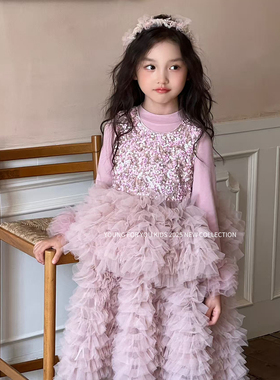 YFY秋冬女童粉色蓬蓬裙网纱生日礼服公主裙tutu大裙摆亮片闪闪