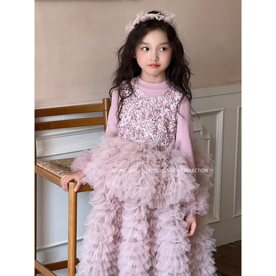 YFY秋冬女童粉色蓬蓬裙网纱生日礼服公主裙tutu大裙摆亮片闪闪