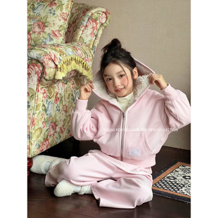 YFY冬季女童加厚毛内里卫衣套装糖果色连帽休闲韩版运动加绒外套
