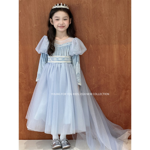 YFY春季女童艾莎公主会发光连衣裙生日礼服万圣节cosplay裙子斗篷