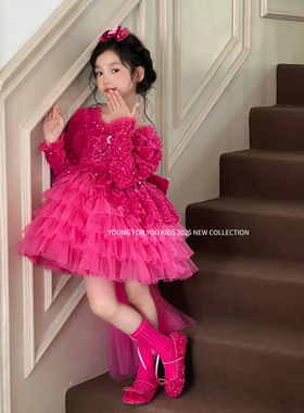 YFY秋冬女童芭比公主裙亮片闪闪生日礼服蓬蓬裙连衣裙网纱