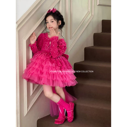 YFY秋冬女童芭比公主裙亮片闪闪生日礼服蓬蓬裙连衣裙网纱