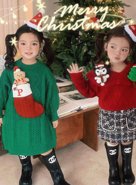 YFY秋冬女童圣诞节毛衣裙针织连衣裙红色翻领套头毛衣套装儿童
