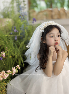女童白色头纱发饰配饰搭配婚纱花童仙女风ins风宝宝生日头饰