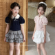三色泡泡袖 上衣半裙套装 学院风 女童miu系蕾丝边钉钻短袖 YFY夏季