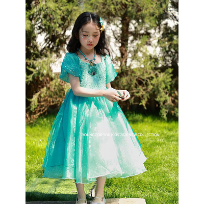 YFY夏季女童绿色美人鱼连衣裙公主裙亮片长裙生日礼服六一爱丽儿