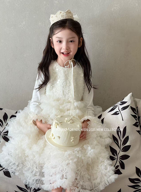 YFY秋冬女童生日背心裙蓬蓬裙套装白月光高级亮片连衣裙女宝礼服