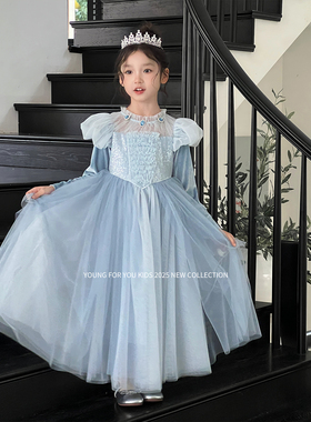 YFY秋冬女童艾莎公主冰雪奇缘网纱连衣裙公主裙生日礼服斗篷披风