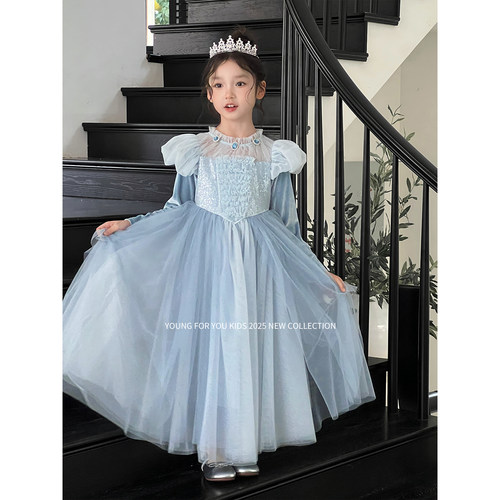 YFY秋冬女童艾莎公主冰雪奇缘网纱连衣裙公主裙生日礼服斗篷披风