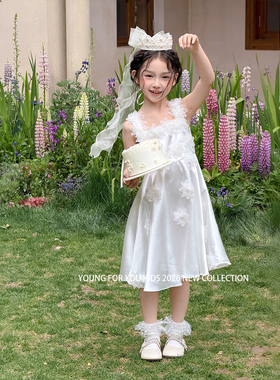 YFY夏季女童法式立体花朵白色光泽感连衣裙公主裙轻奢生日礼服