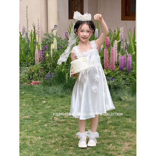 YFY夏季女童法式立体花朵白色光泽感连衣裙公主裙轻奢生日礼服