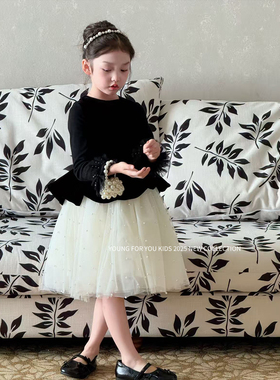 YFY女童秋冬黑色丝绒背心裙高级赫本风连衣裙珍珠纱裙女宝生日