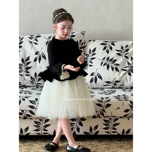 YFY女童秋冬黑色丝绒背心裙高级赫本风连衣裙珍珠纱裙女宝生日