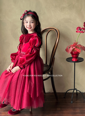 YFY秋冬女童法式复古红色假两件连衣裙公主裙圣诞礼服新年喜庆
