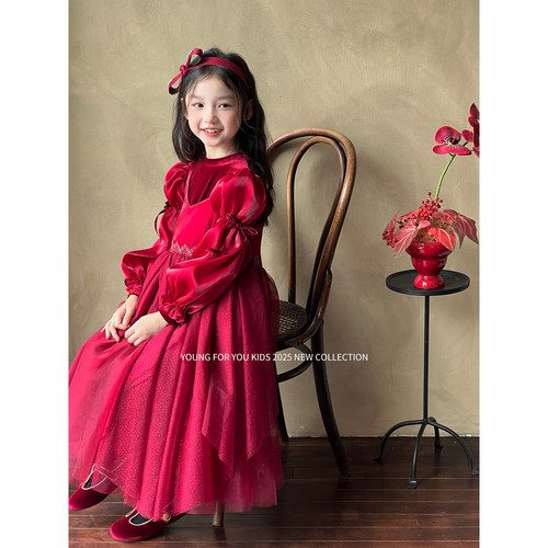 YFY秋冬女童法式复古红色假两件连衣裙公主裙圣诞礼服新年喜庆