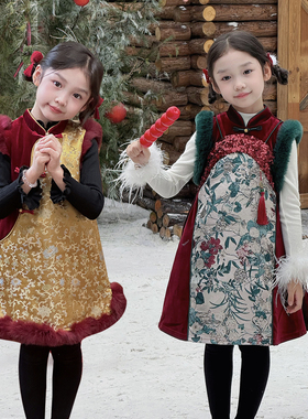 YFY冬季女童祥瑞拜年服红色新中式夹棉旗袍连衣裙新年服唐装汉服