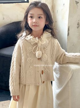 YFY秋冬女童白球毛衣外套开衫花边领衬衫裙韩版连衣裙森系儿童