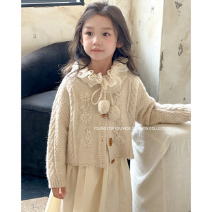 YFY秋冬女童白球毛衣外套开衫花边领衬衫裙韩版连衣裙森系儿童