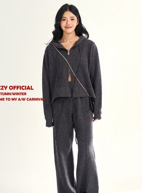 DUBZZY【艺术生】设计师重工洗水设计感毛织开衫长裤套装女M091S2