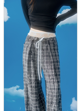 DUBZZY【格纹独奏】设计感蕾丝拼接千金格纹植绒阔腿裤女K147S24Z