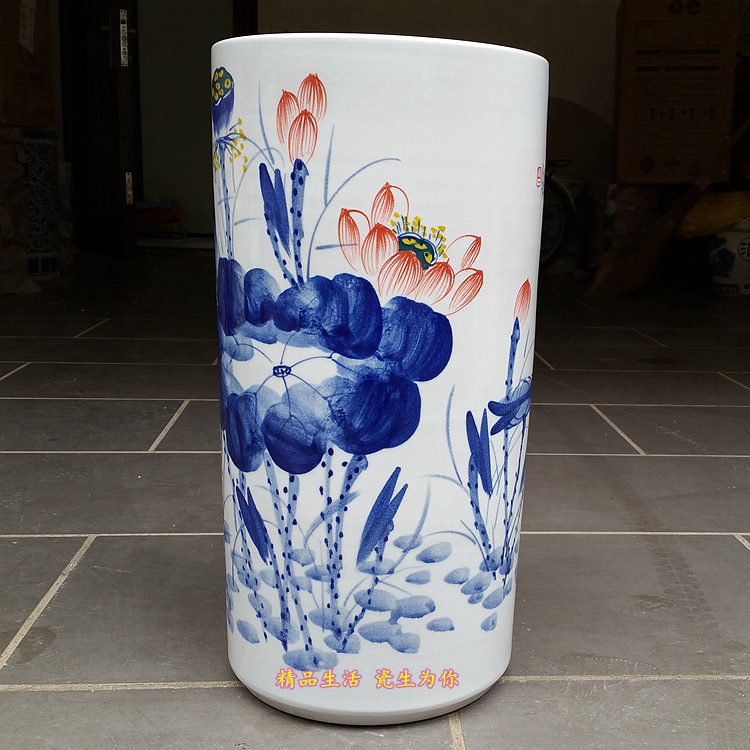 景德镇陶瓷手绘荷花大花瓶字画筒书画卷轴缸雨伞筒宣纸收纳缸箭桶