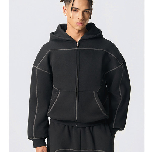 SlowGang美式秋冬boxy短宽版型加绒哈苏线拉链开衫卫衣卫裤套装男