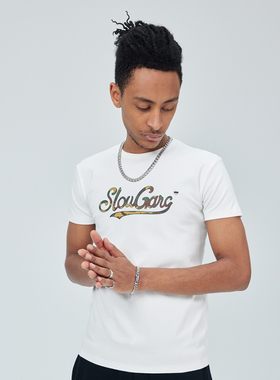 SlowGang美式嘻哈迷彩印花短袖男款 Drip运动修身弹力圆领t恤男潮