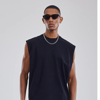 SlowGang科技面料索罗纳冰感透气圆领纯色拼接插肩宽松坎肩背心男