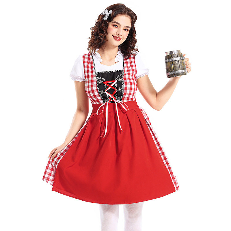 德国墨尼黑巴伐利亚民族传统服装舞台装红色格子啤酒节女装演出服