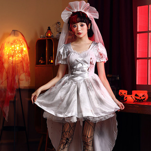 万圣节节日派对服服装吸血鬼白色鬼新娘派对血迹装艺术写真cos服