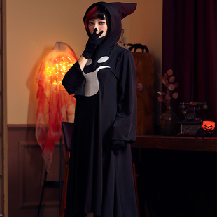 万圣节尖叫派对捣蛋鬼黑袍连衣裙尖帽五官拼接