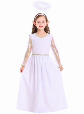 万圣节儿童服装 亚马逊外贸新品白色天使表演服 cosplay女神长裙