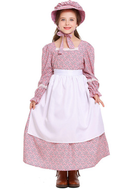 粉色蓝色碎花殖民地女孩 亚马逊货源草原先锋开拓者服 田园风长裙