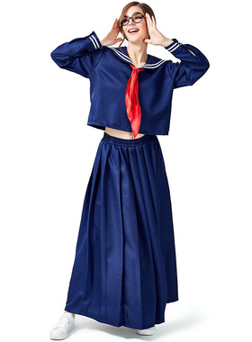欧美成年女藏蓝色海军风水手学生服休闲套装百褶中长裙制服万圣服