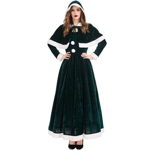 圣诞派对长袍服装 红绿双色短披肩长裙耶诞节派对服装 圣诞节服装