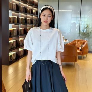 日系简约 休闲上衣 设计感分割撞线灯笼袖 t恤宽松廓形圆领短袖