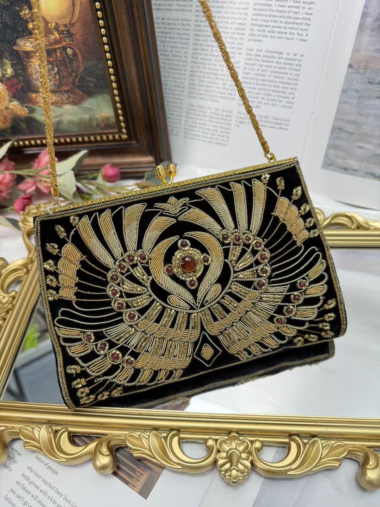中古vintage珠绣手工包钉珠包时尚手提托特腋下绣花包手提包