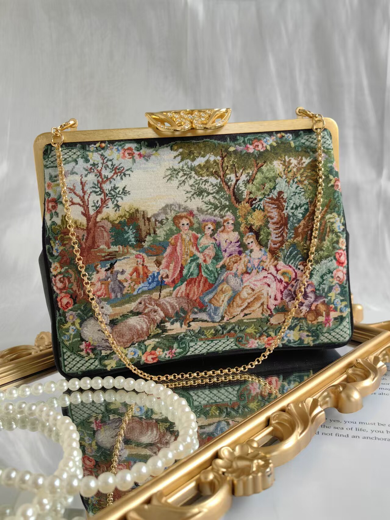 中古vintage手工纳纱绣包古风复古双面款手提珠绣包镂空古着包