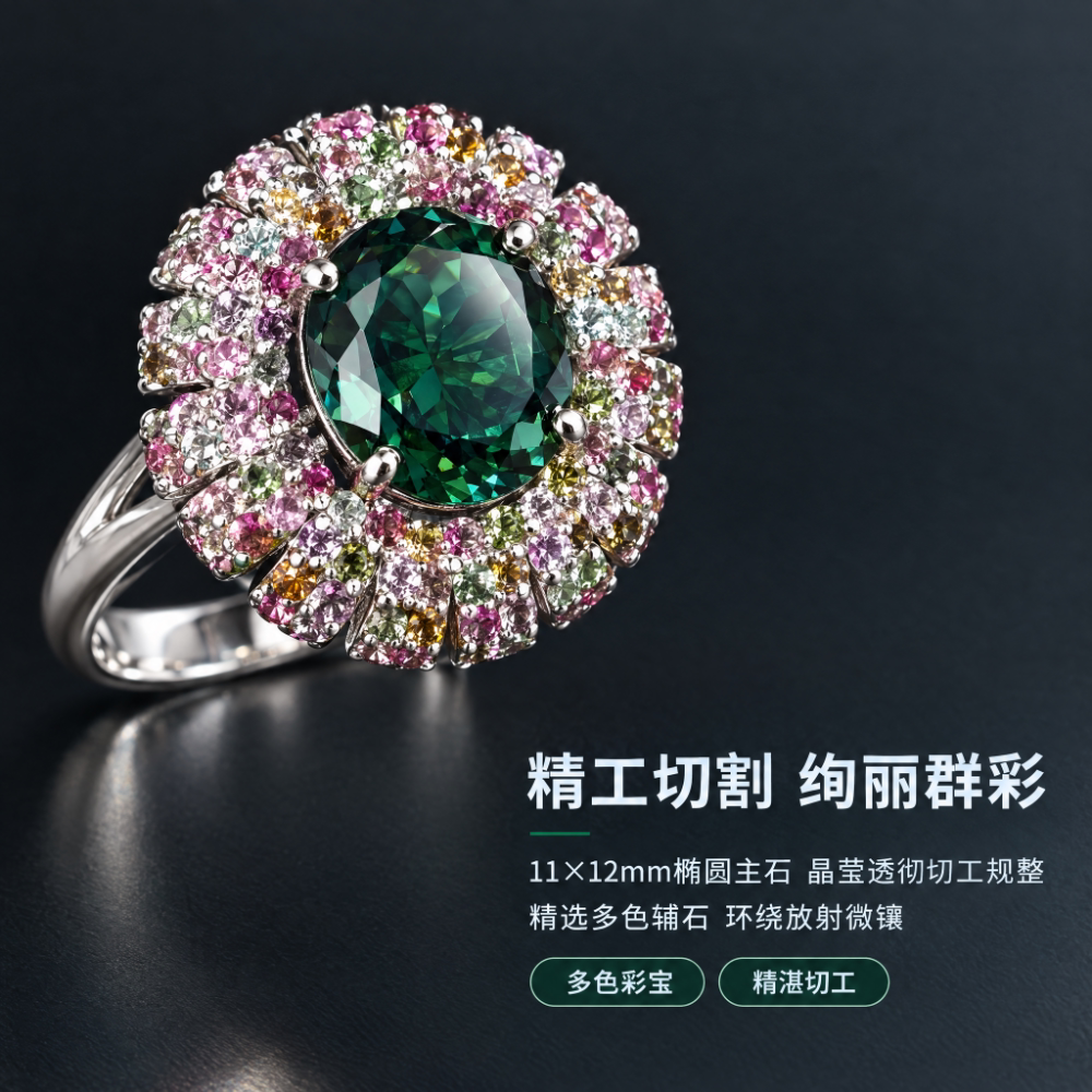高级气质镀白金镶嵌碧玺闪耀小众个性时尚戒指彩色宝石指环女