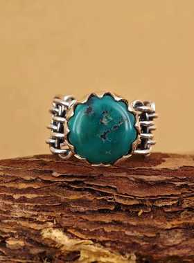 复古个性可调节绿松石戒指925纯银镶嵌绿开口闭口戒指男女