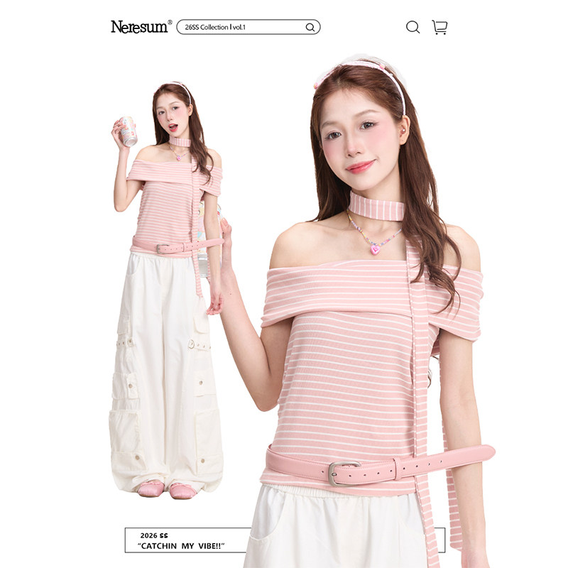 NERESUM韩系粉色条纹一字领短袖T恤女夏季新款甜美风修身露肩上衣,女装/女士精品,T恤,淘宝优惠券,粉丝福利购,淘宝优惠卷